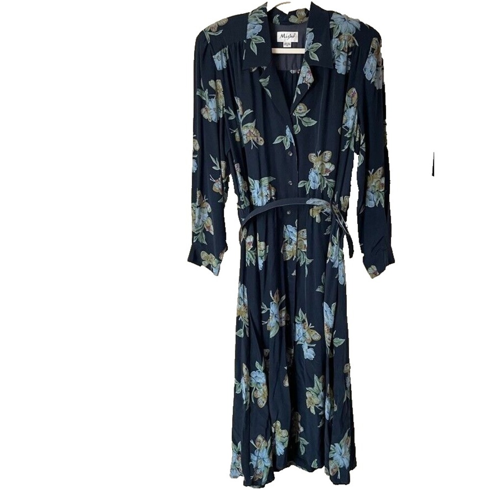Misho 100% Silk Navy Floral Belted Button‎ Long Sleeve Dress Vintage Size 16